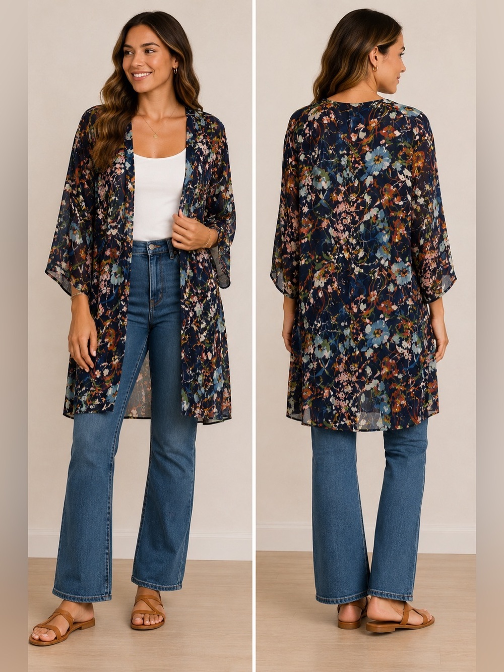 Romantic Floral Kimono Light Cardigan Coastal Boho Artsy Cottagecore Flowy Large